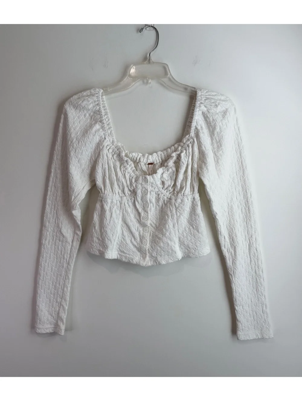 Free People White Textured Long Sleeve Cropped Button-Up Top Size S